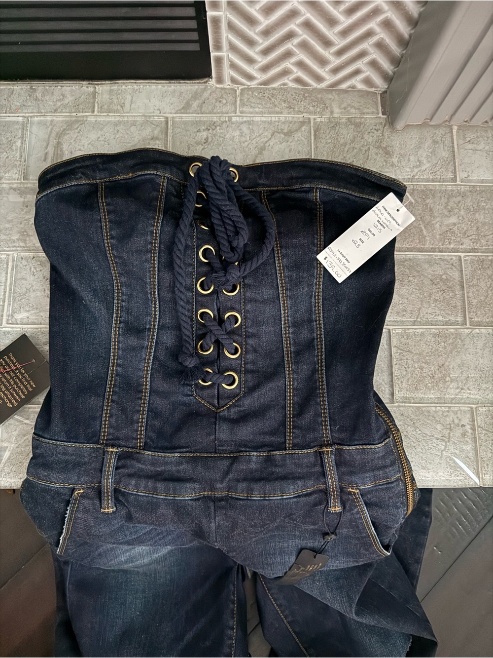 bebe Dark Blue Lace-Up Strapless Skinny Denim Jumpsuit - Picture 2 of 3